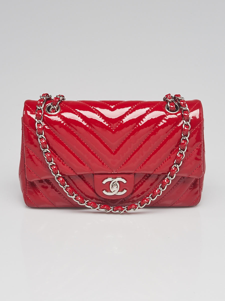 Chanel Red Chevron Quilted Patent Leather  Medium Single Flap Bag