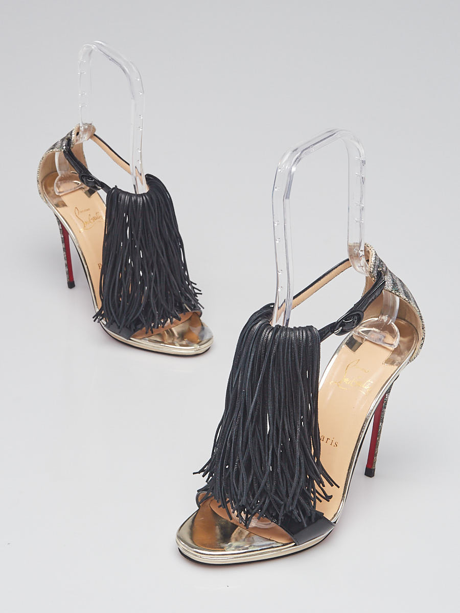 Christian Louboutin Silver Black Leather and Glitter Casanovella 120 Tassel T-Strap Sandals Size 9 39.5