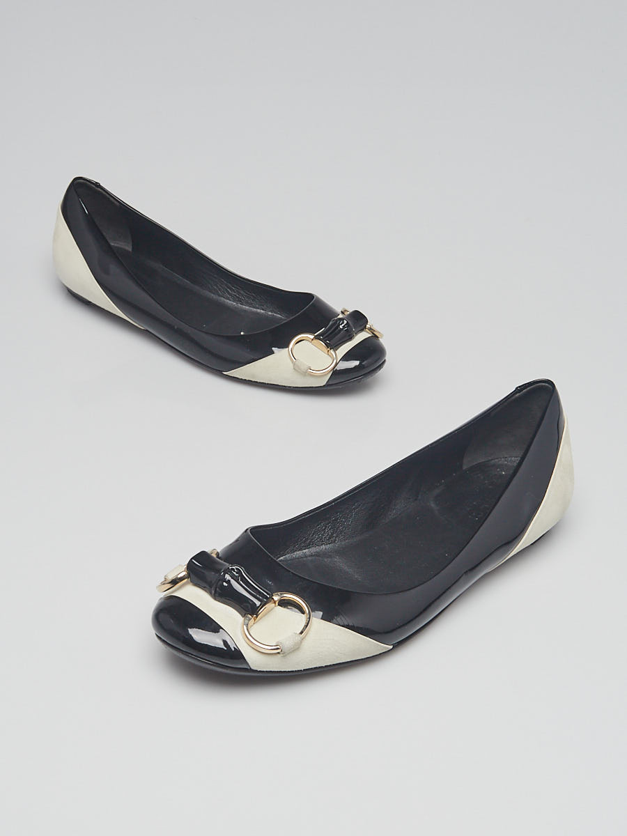 Gucci Black White Patent Leather and Suede Bamboo Horsebit Flats Size 6.5 37