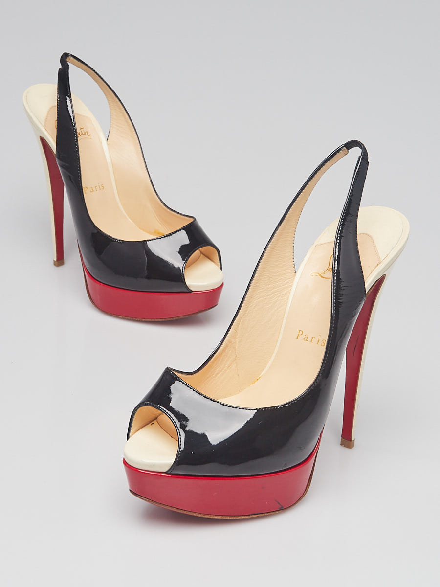 Christian Louboutin Black Red White Patent Leather Lady Peep Sling 150 Pumps Size 8 38.5