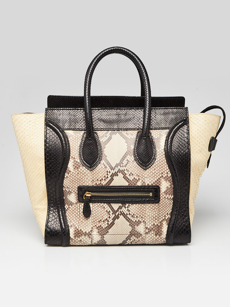 Celine Black Brown Beige Python Leather Mini Luggage Tote Bag