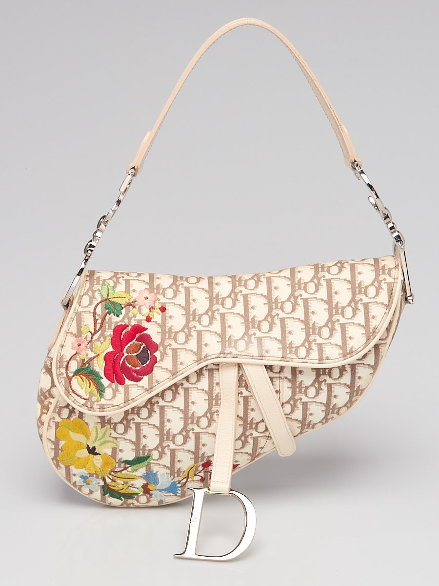 Christian Dior Beige Oblique Canvas Embroidered Floral Small Saddle Bag