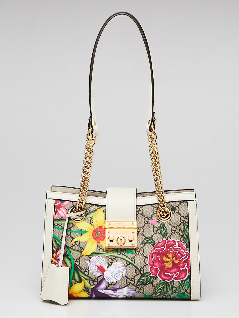 Gucci Beige Multicolor Floral Print GG Supreme Coated Canvas Small Padlock Shoulder Bag