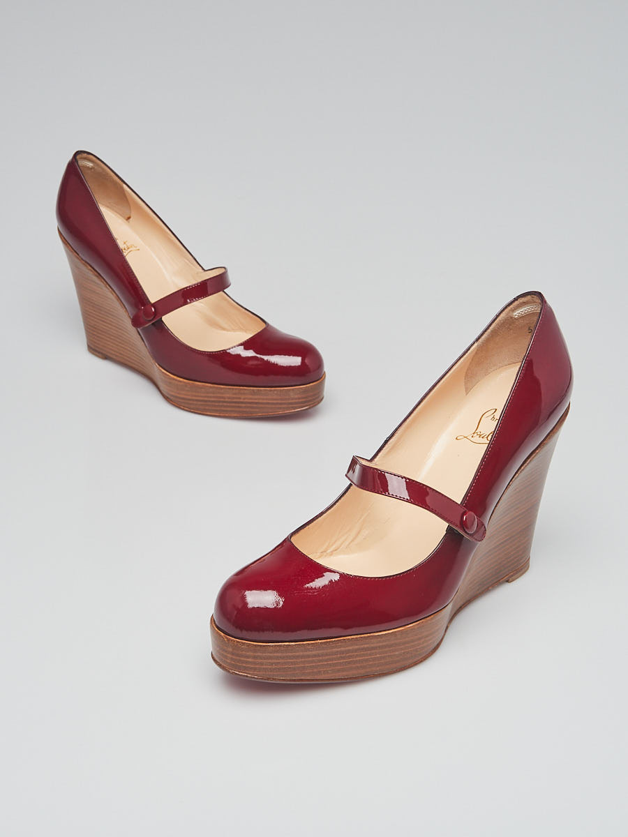 Christian Louboutin Dark Red Patent Leather Mary Jane Platform Wedges Size 9.5 40