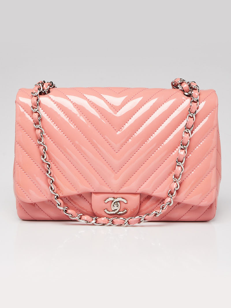 Chanel Pink Quilted Chevron Patent Leather Classic Jumbo Single Flap Bag