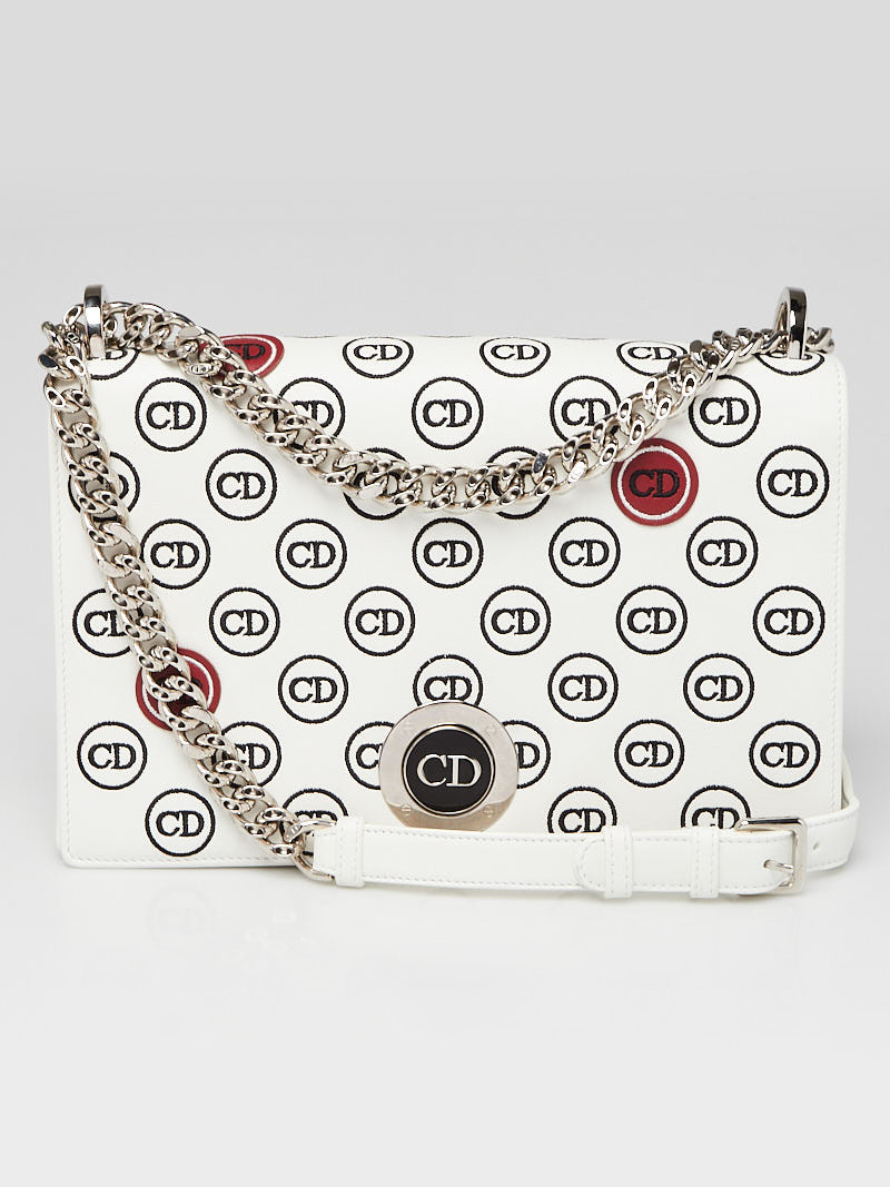 Christian Dior White Embroidered Calfskin Leather Diorama Clasp Medium Flap Bag