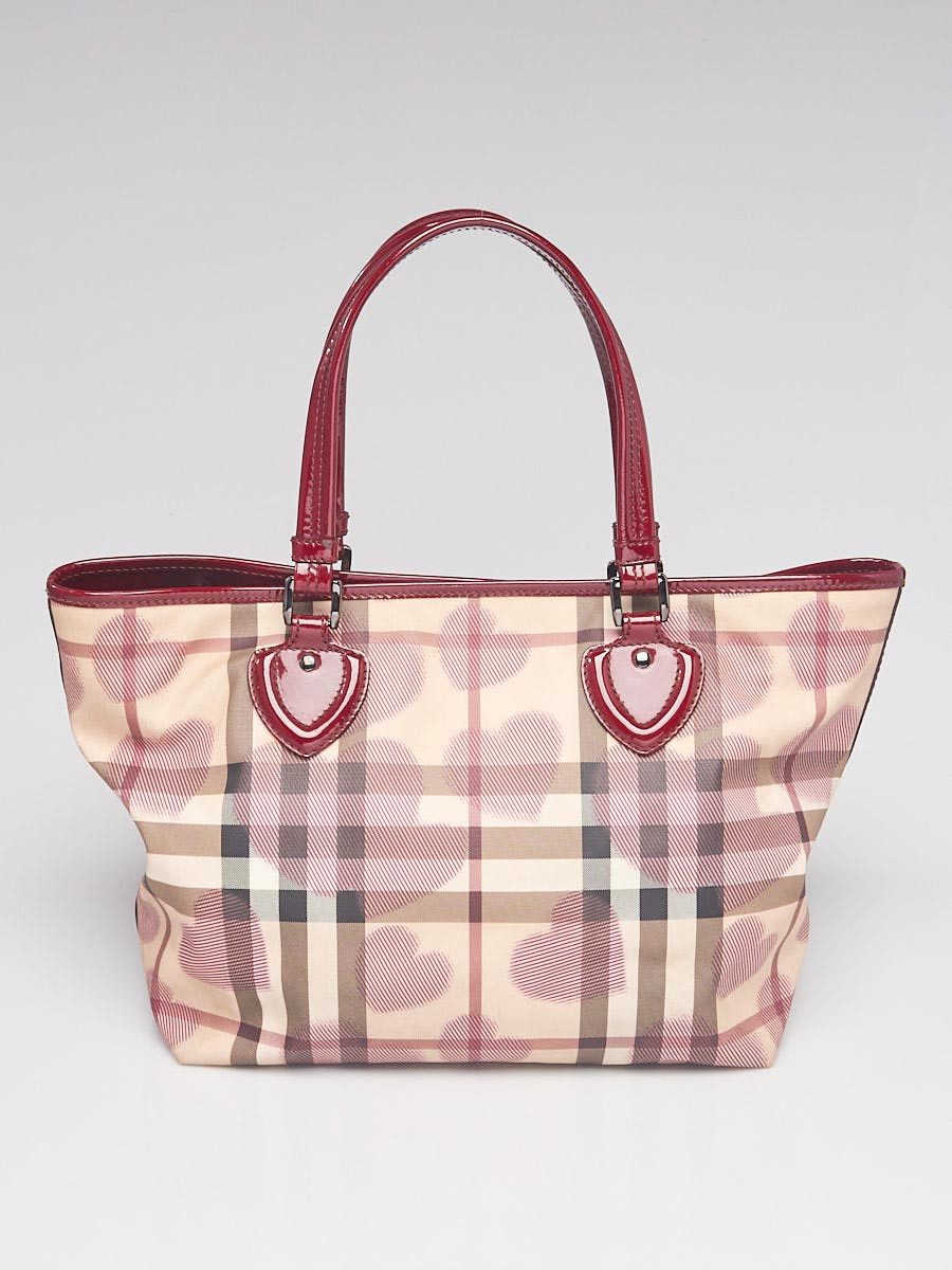Burberry Berry Patent Leather Supernova Check Canvas Heart Large Tote Bag