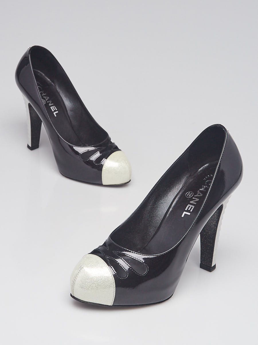 Chanel Black White Glitter Patent Leather Cap Toe Pumps Size 8.5 39