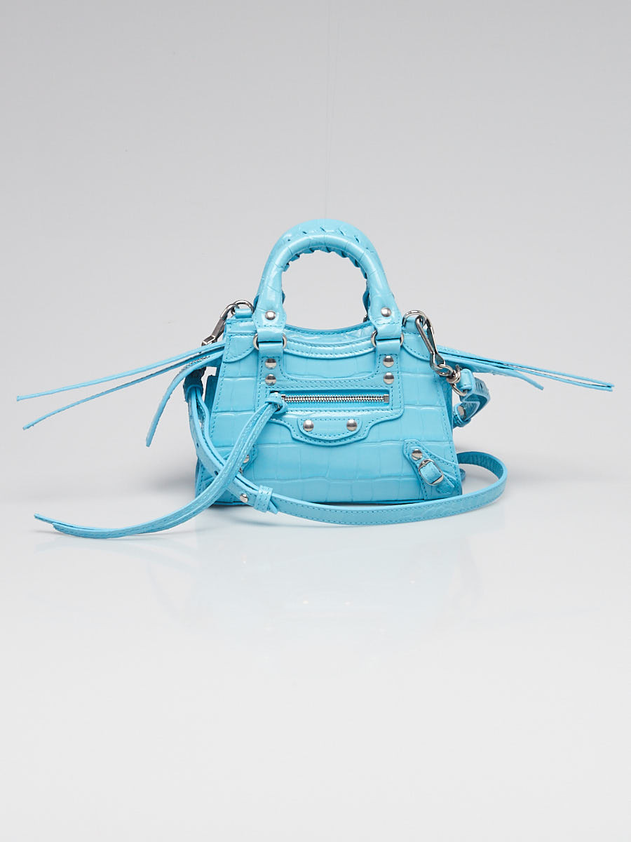 Balenciaga Azur Croc Embossed Leather Neo Classic Nano City Bag