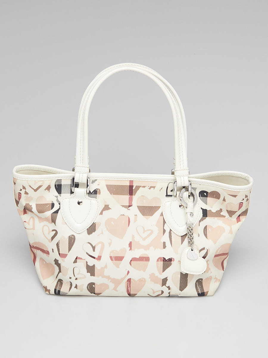 Burberry White Patent Leather Painted Heart Supernova Coated Canvas Nickie Tote Bag