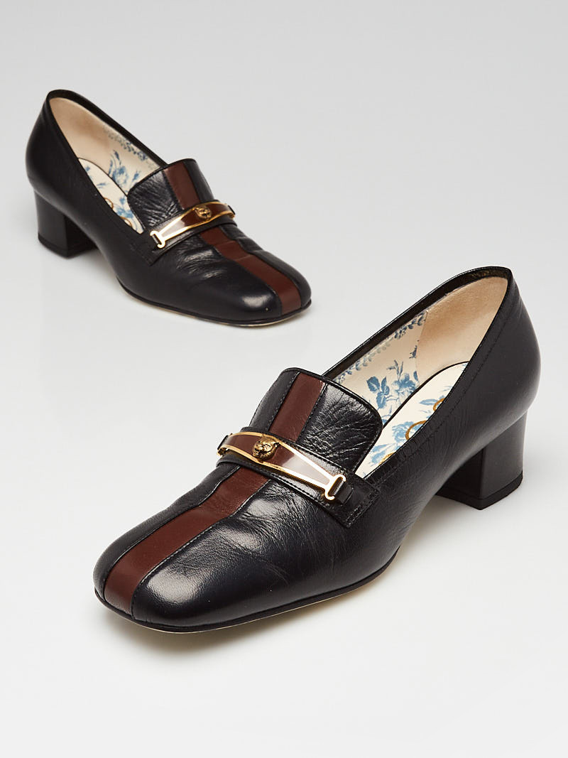 Gucci Black Brown Leather Tiger Embellished Mid-Heel Loafers Size 6.5 37