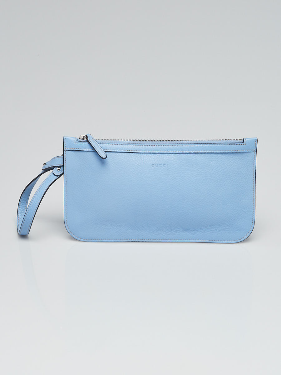 Gucci Light Blue Leather Zip Pouch Wristlet Clutch Bag