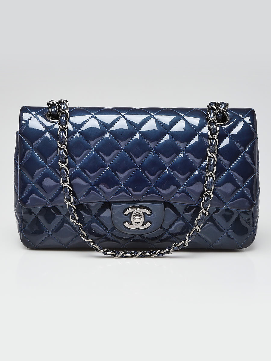 Chanel Blue Quilted Patent Leather Classic Medium Double Flap Bag