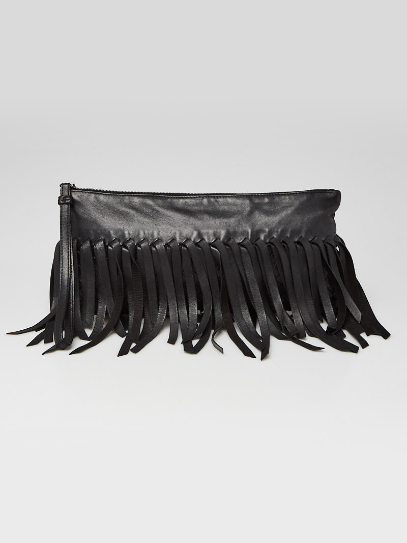 Bottega Veneta Black Lambskin Leather Fringe Clutch Bag