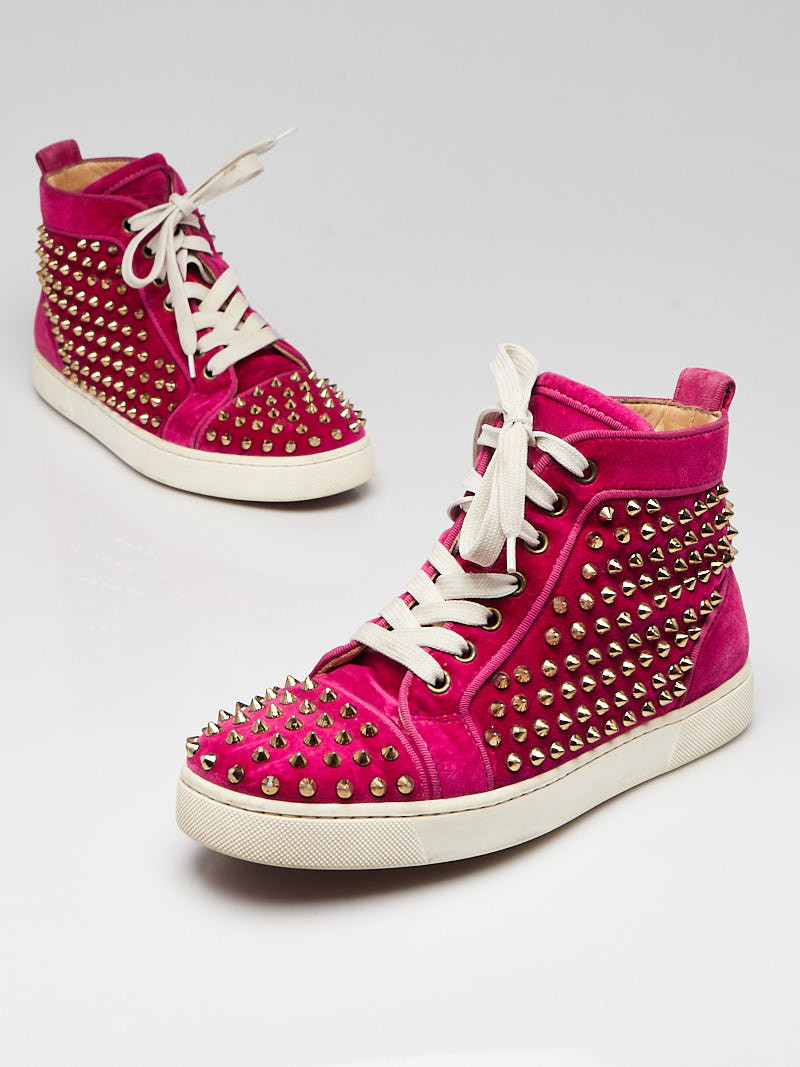 Christian Louboutin Pink Suede Gunmetal Spikes Louis High-Top Sneakers Size 7.5 38