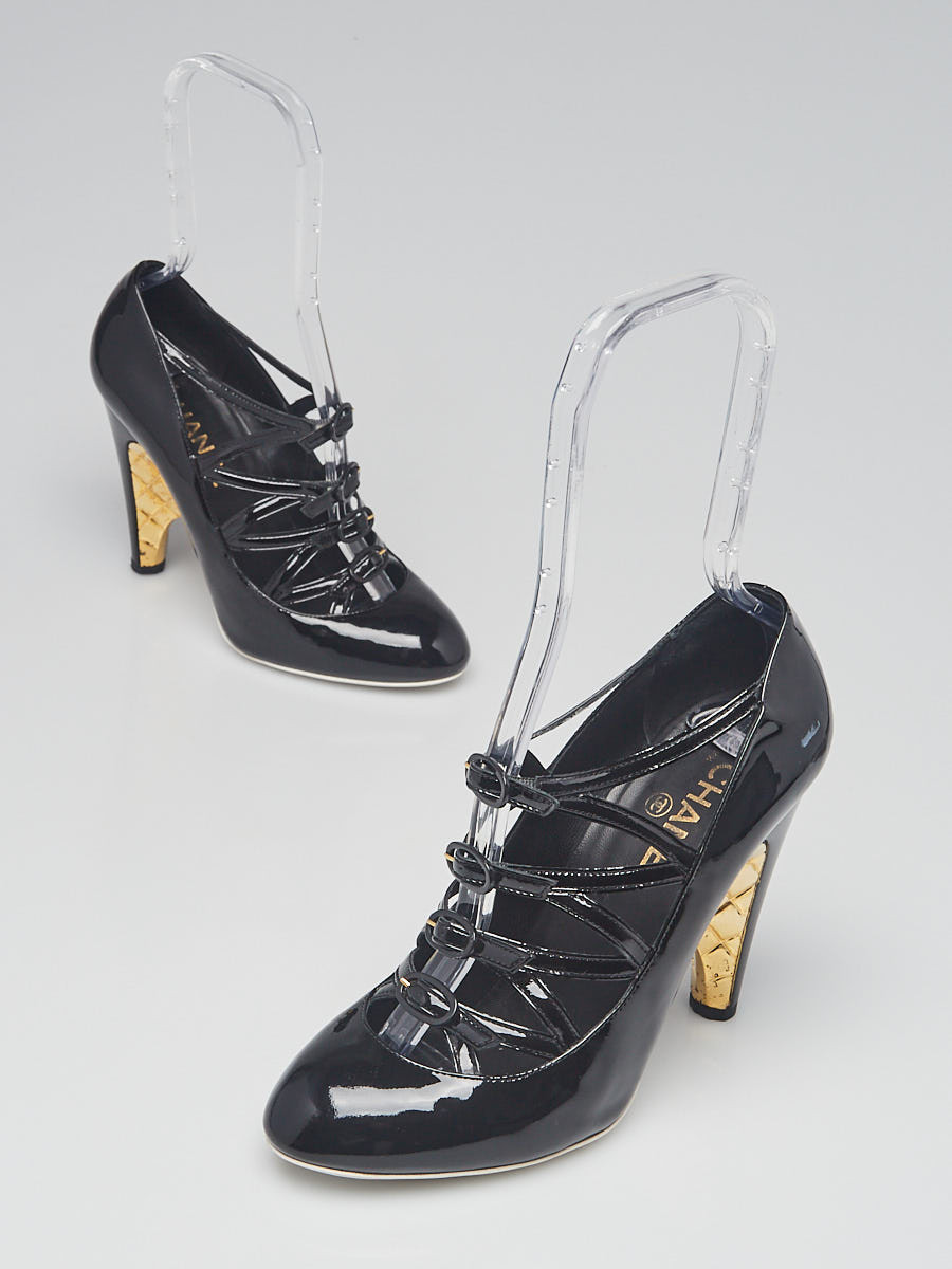 Chanel Black Patent Leather Strass Buckle Heels Size 8 38.5