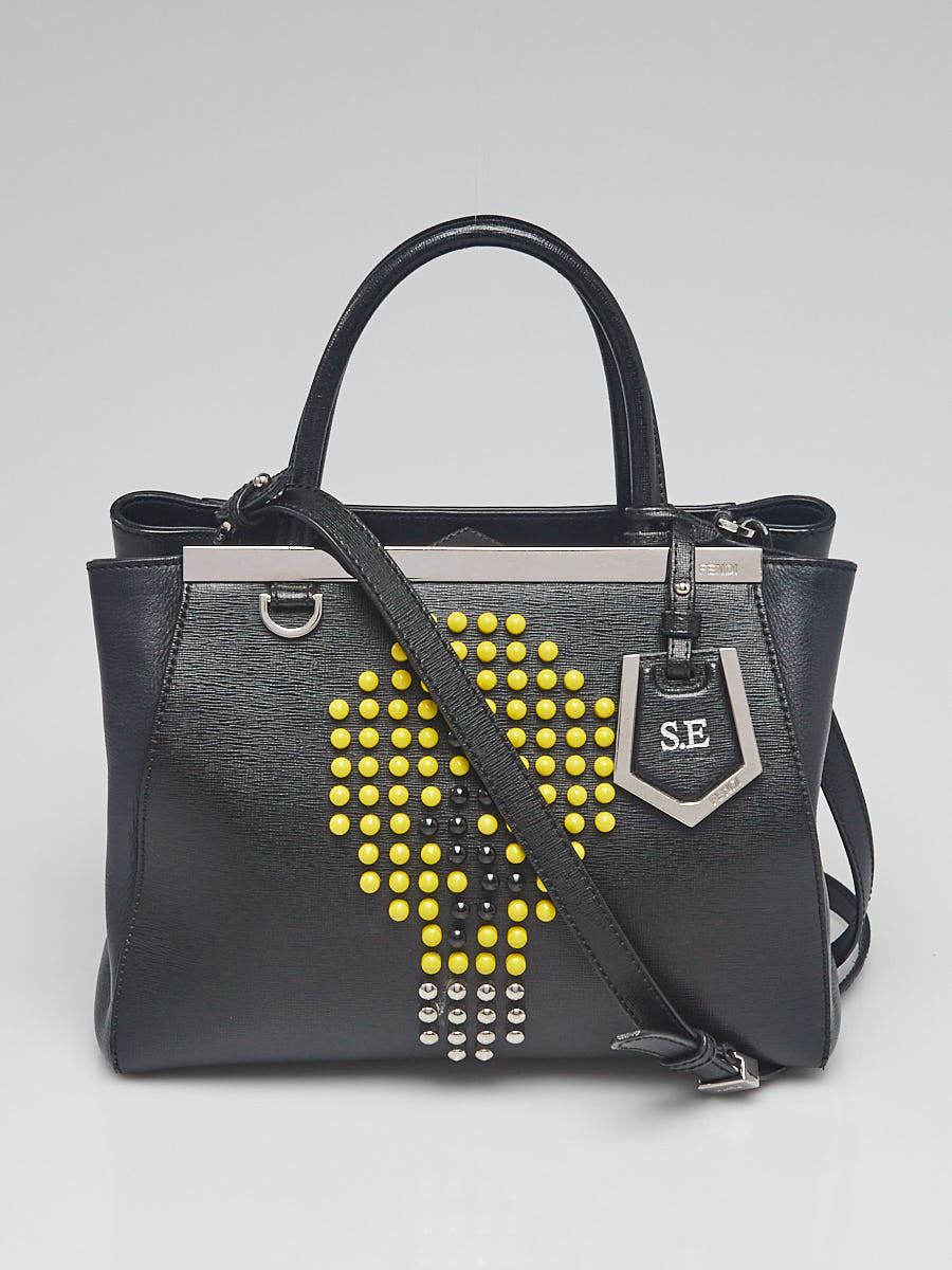 Fendi Black Saffiano Leather Studded Lightbulb  Petite Sac  2jours Elite Tote Bag 8BH253