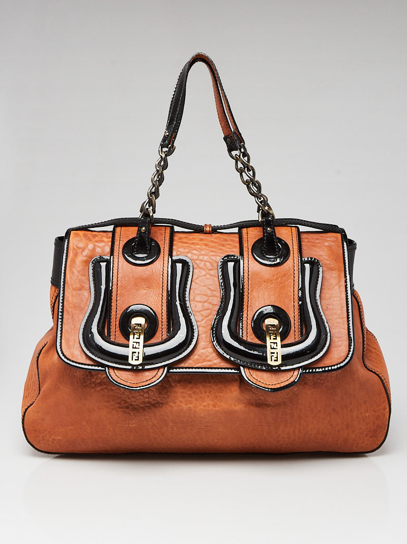Fendi Brown Leather and Black Patent Leather B Bag - 8BN166