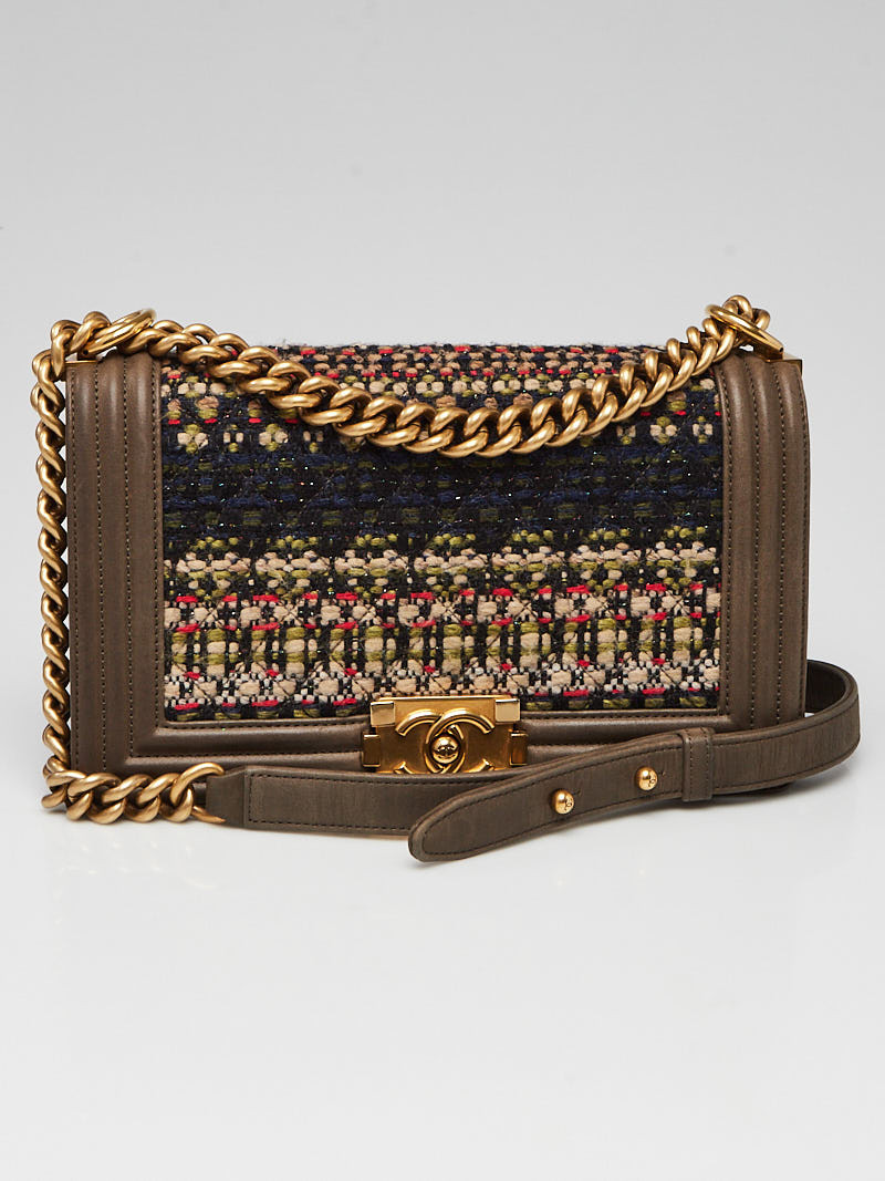 Chanel Olive Green Iridescent Calfskin Leather and Tweed Medium Boy Bag