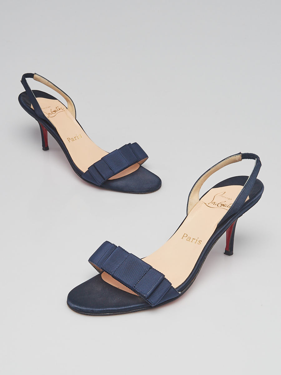 Christian Louboutin Navy Blue Satin and Grosgrain Bow Open Toe Slingbacks Size 7 37.5