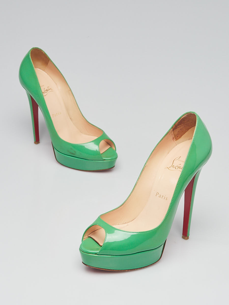 Christian Louboutin Green Patent Leather Lady Peep Platform Peep Toe Pumps Size 8 38.5