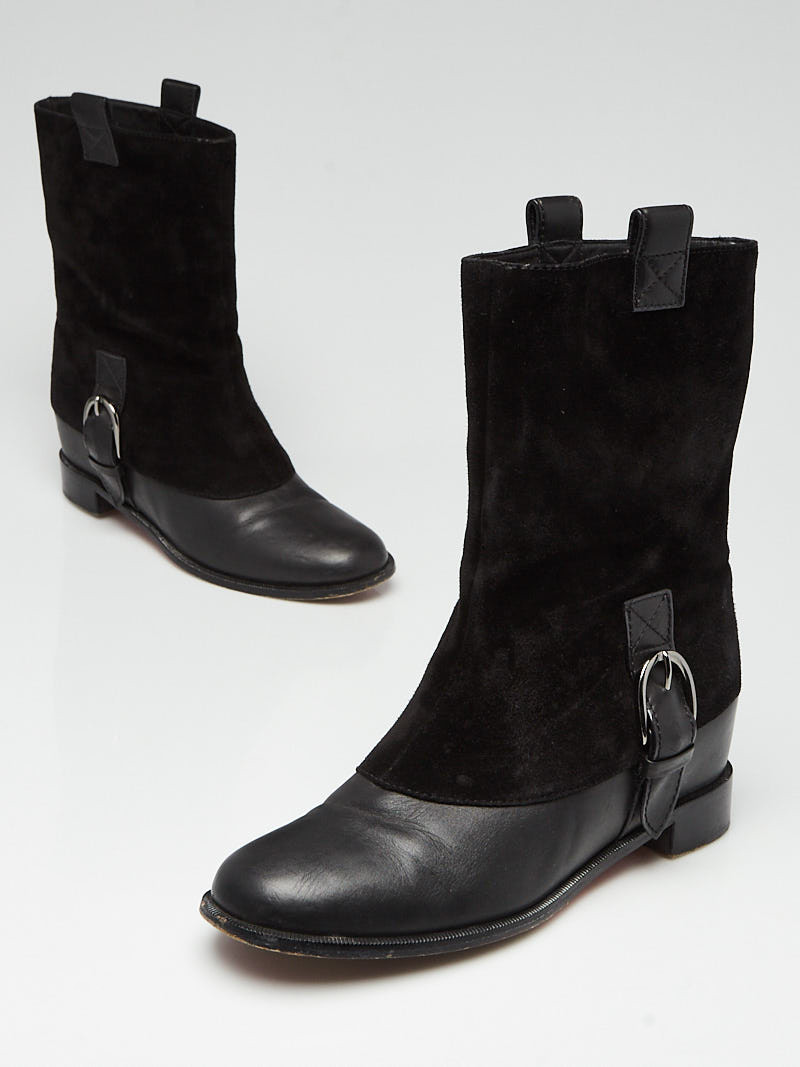 Christian Louboutin Black Suede and Leather Buckle Flat Boots Size 9 39.5