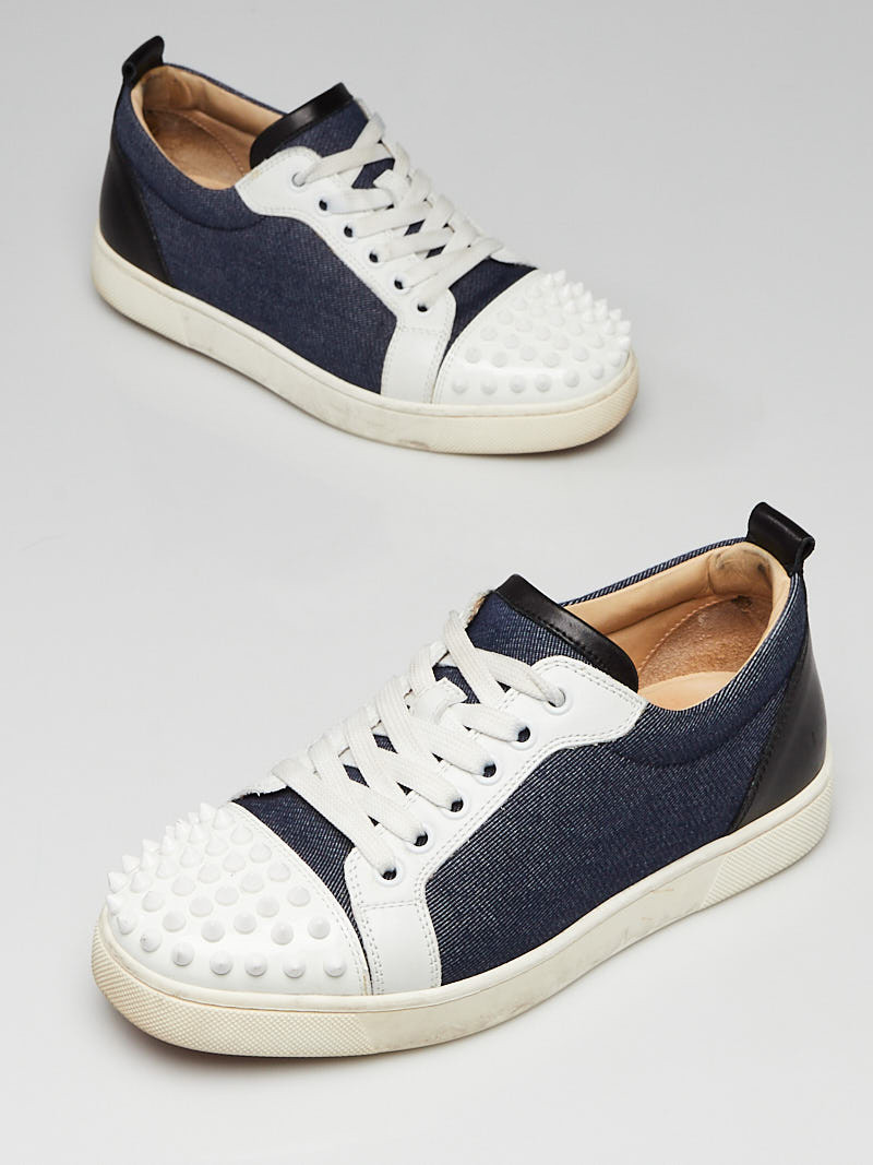 Christian Louboutin Blue Denim White Patent Leather Louis Junior Spikes Sneakers Size 6.5 37