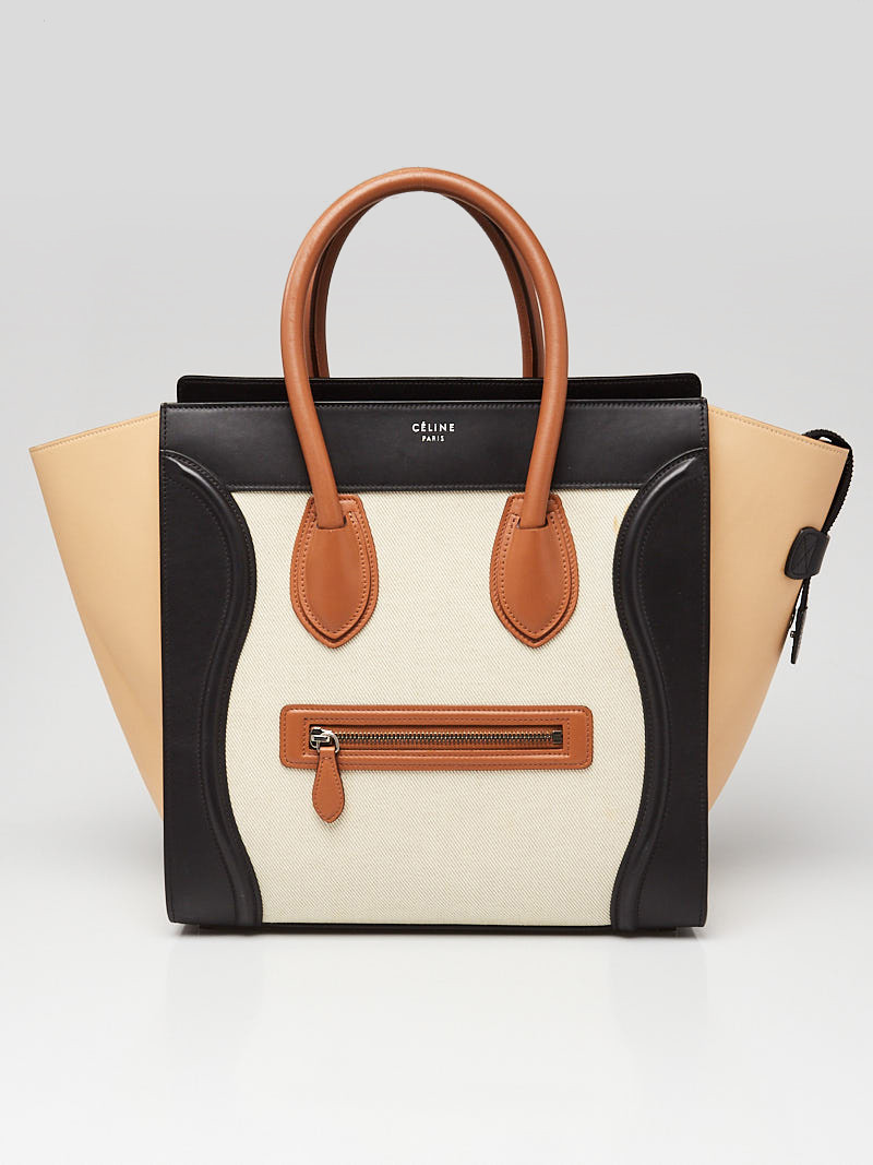 Celine Brown Black Calfskin Leather and Canvas Mini Luggage Tote Bag