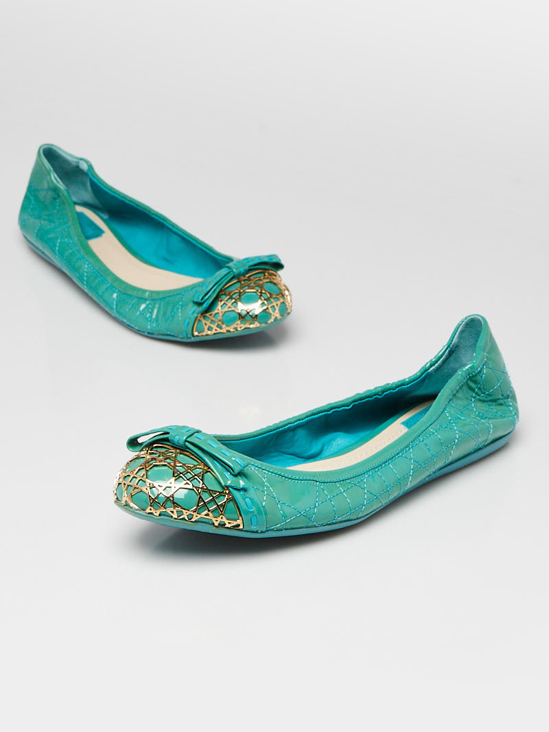 Christian Dior Green Patent Leather Cannage Cap Toe Ballet Flats Size 8 38.5