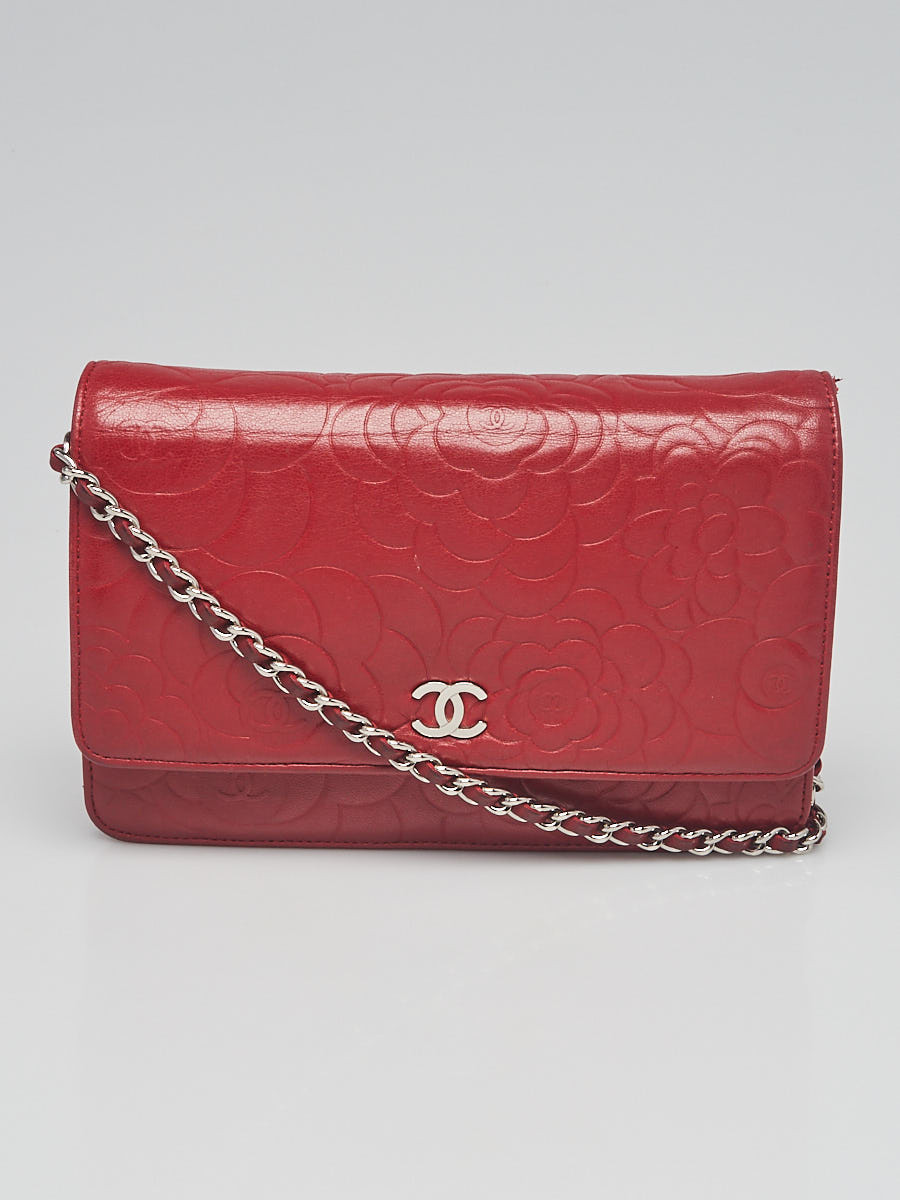 Chanel Red Lambskin Leather Camellia Embossed WOC Clutch Bag