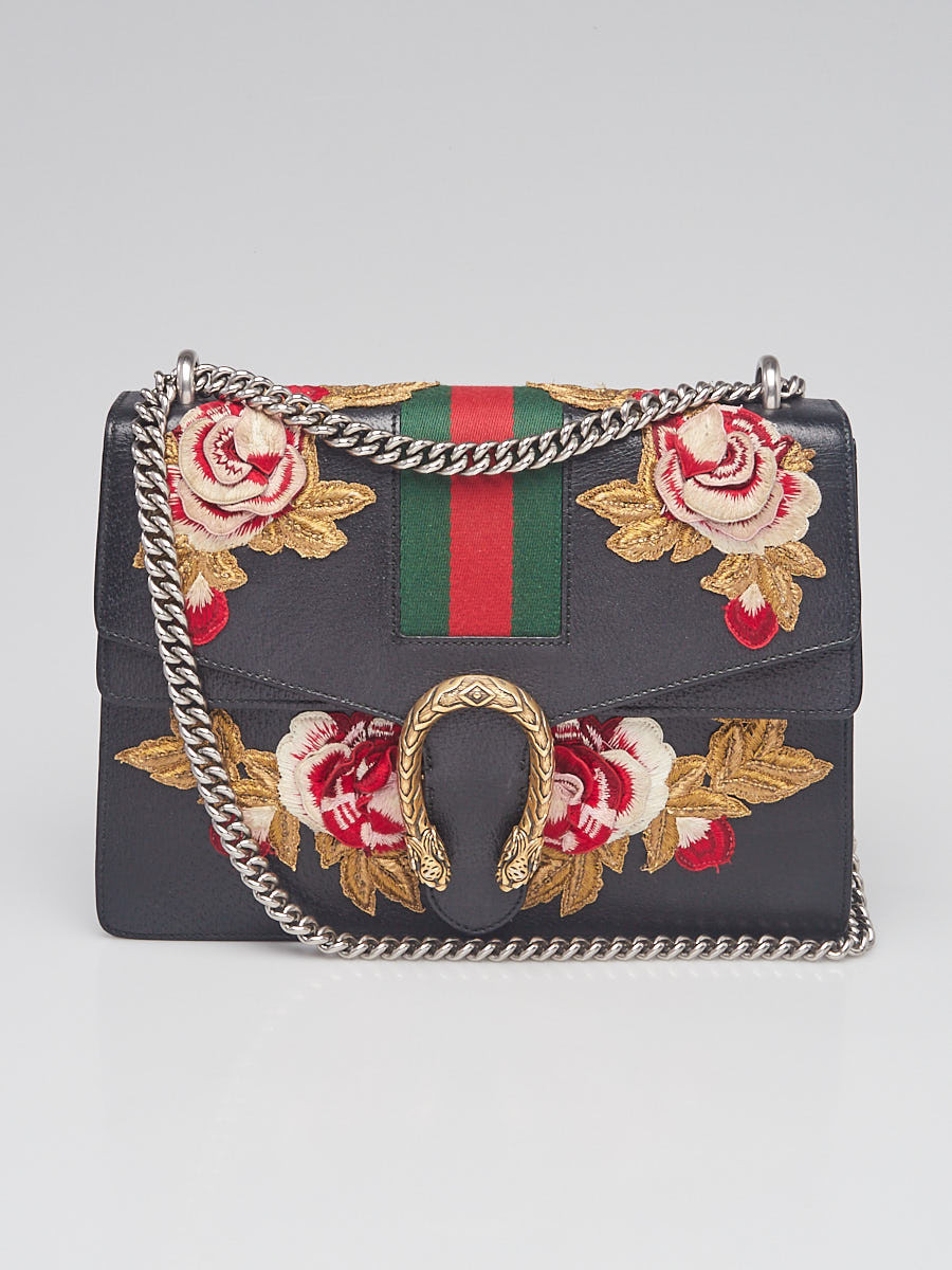 Gucci Black Leather Floral Embroidered Medium Dionysus Shoulder Bag