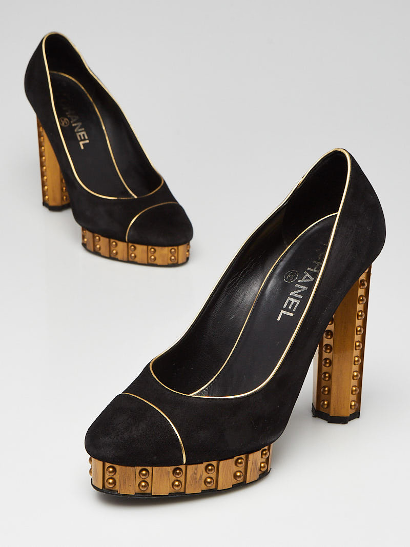 Chanel Black Suede Goldtone Platform CC Cap Toe Pumps Size 8.5 38