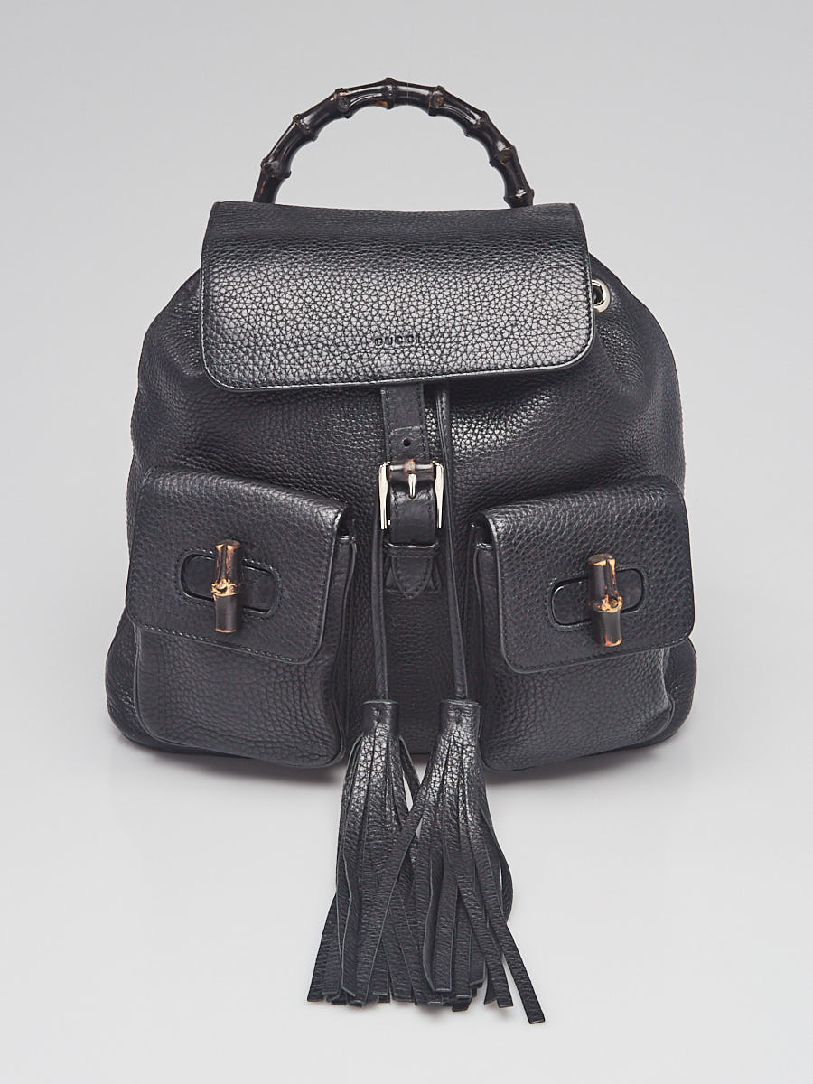 Gucci Black Pebbled Leather Bamboo Backpack Bag