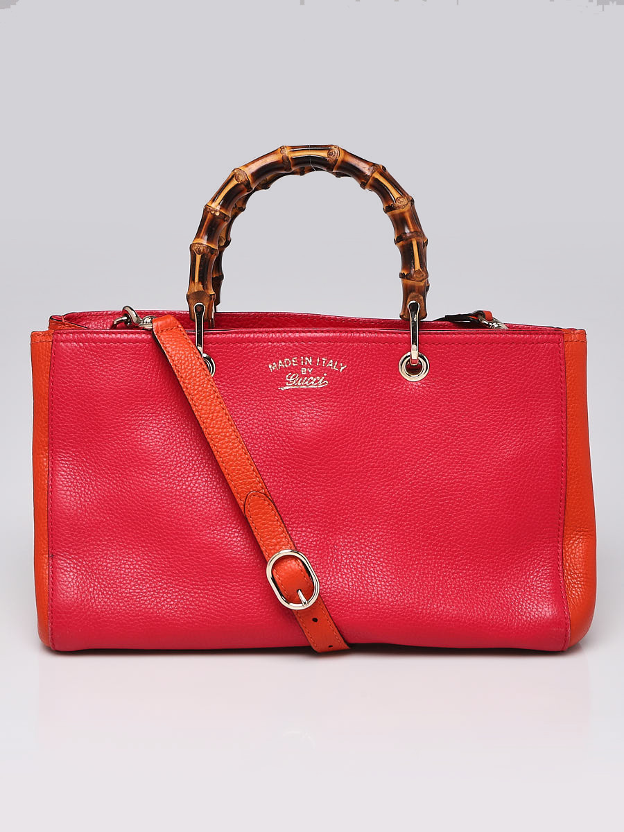 Gucci Pink Orange Pebbled Leather Medium Bamboo Shopper Tote Bag