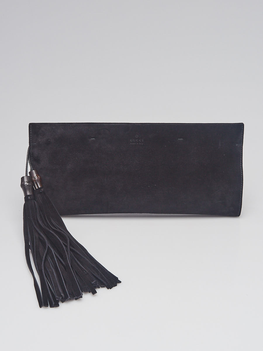 Gucci Black Suede Nouveau Bamboo Tassel Large Clutch Bag