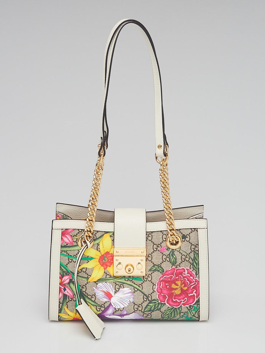 Gucci Beige Flora Print GG Coated Canvas Small Padlock Shoulder Bag