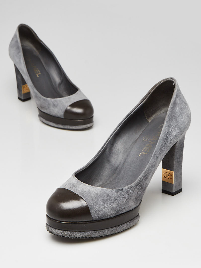 Chanel Grey Suede and Leather Cap Toe Platform Pumps Size 7.5 38
