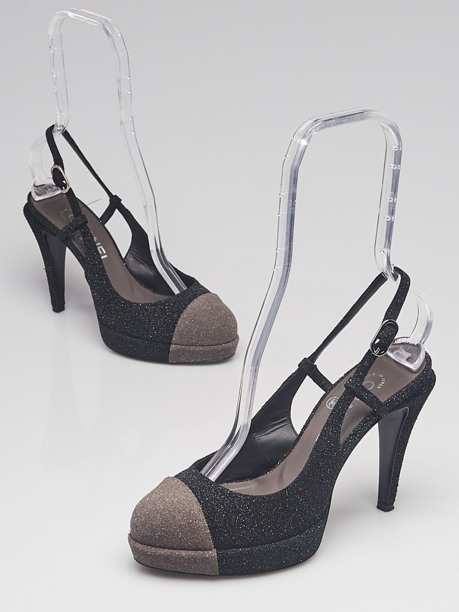 Chanel Black Grey Glitter Cap Toe Slingback Pumps Size 6.5 37