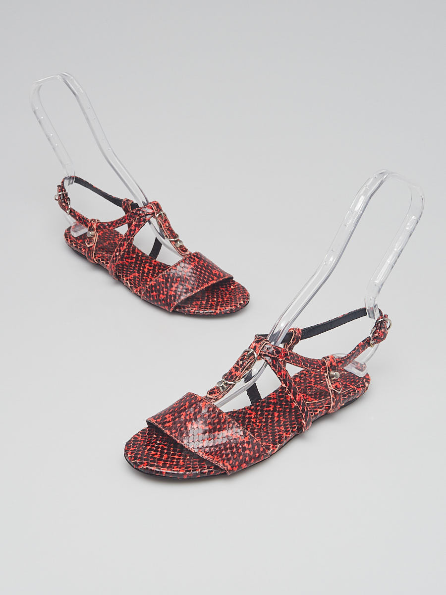 Balenciaga Red Black Snakeskin Strappy Flat Sandals Size 6.5 37