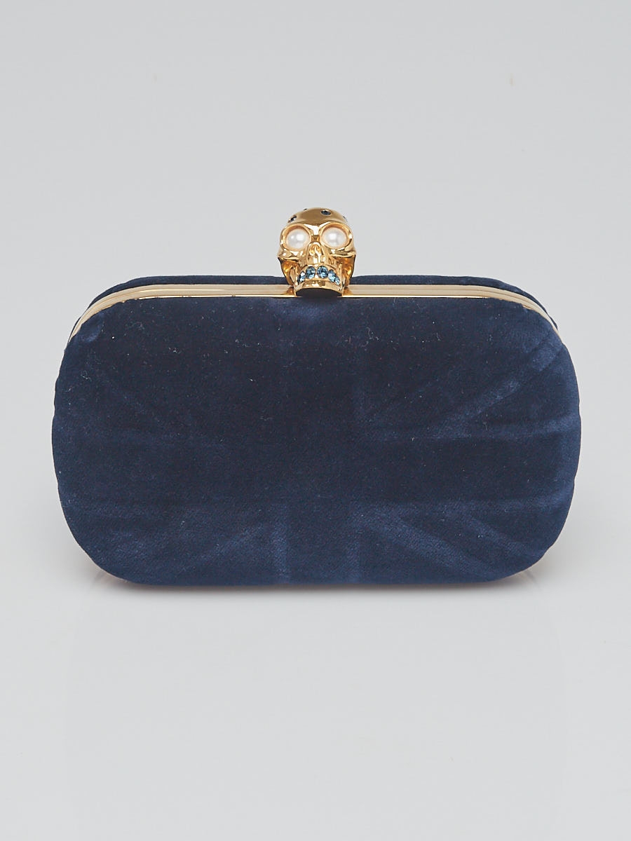 Alexander McQueen Blue Suede and Crystal Britannia Skull Clutch Bag