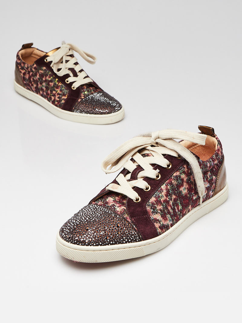 Christian Louboutin Burgundy Glitter and Suede Gondola Strass Low-Top Sneaker Size 7.5 38