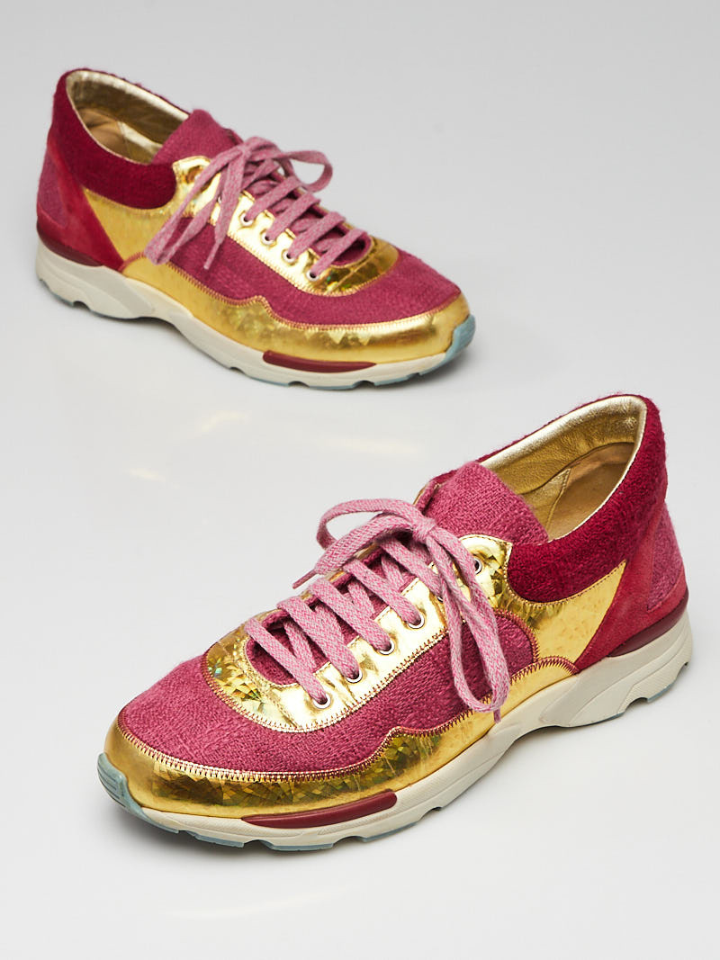 Chanel Pink Gold Tweed and PVC Sneakers Size 8.8 39