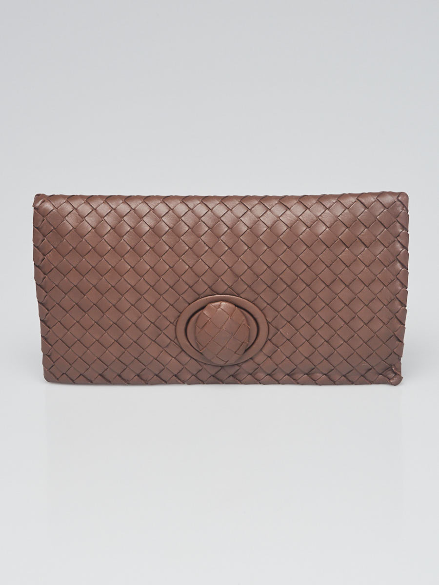 Bottega Veneta Brown Intrecciato Woven Leather Turnlock Clutch Bag