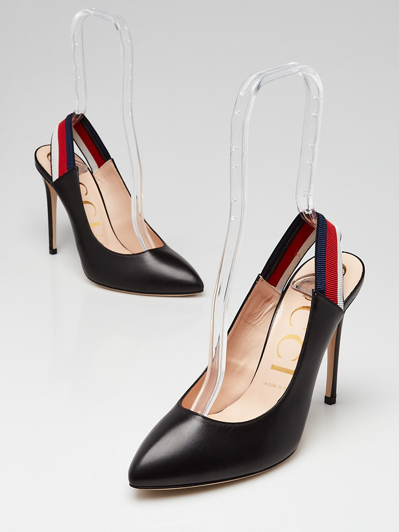Gucci Black Leather Vintage Web Sylvie Slingback Pumps Size 7.5 38