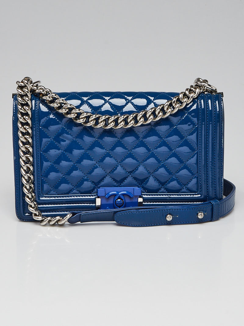 Chanel Blue Quilted Patent Leather Plexiglass Medium Boy Bag