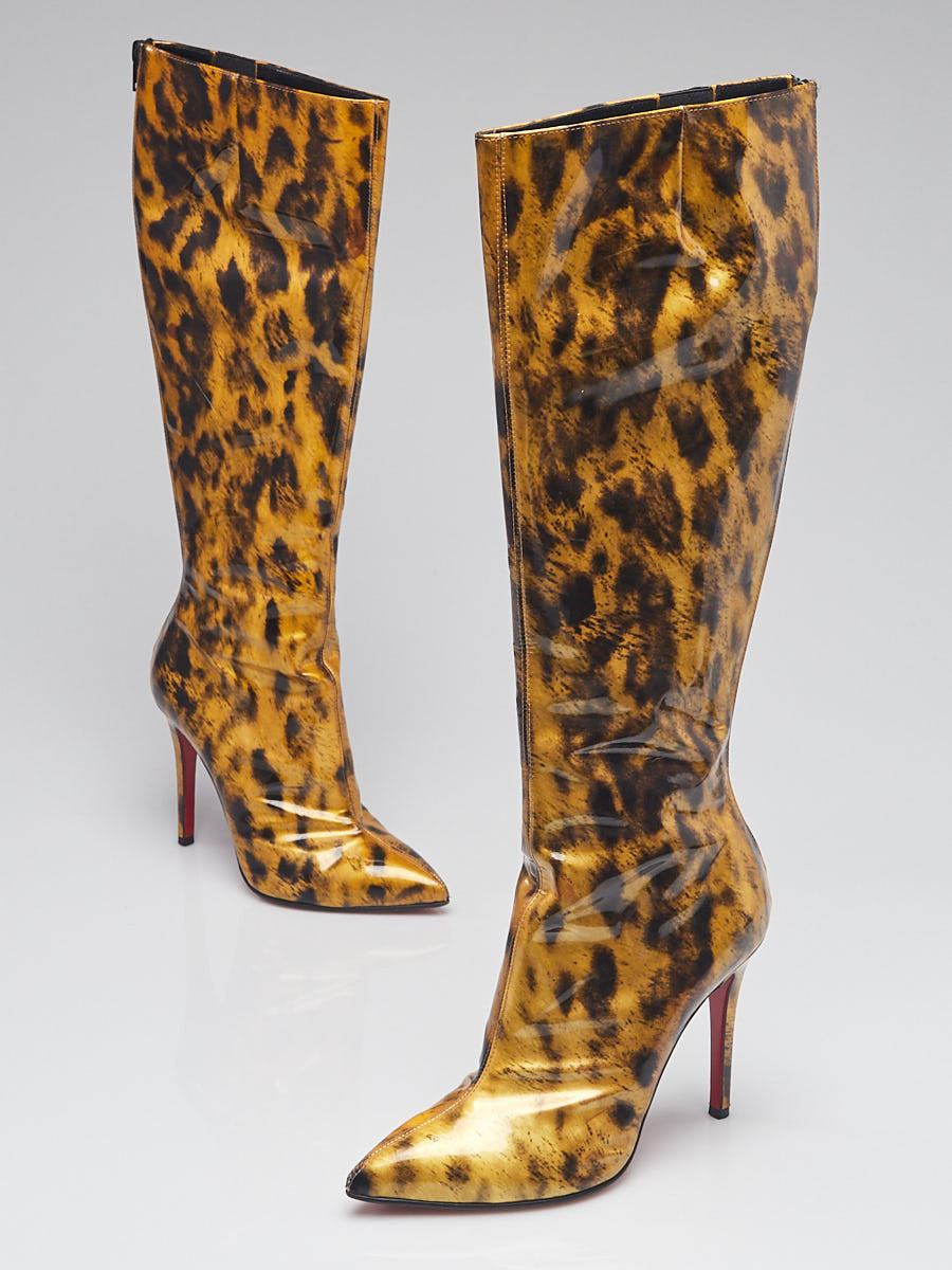 Christian Louboutin Leopard Print Patent Leather Knee-High Boots Size 7 37.5