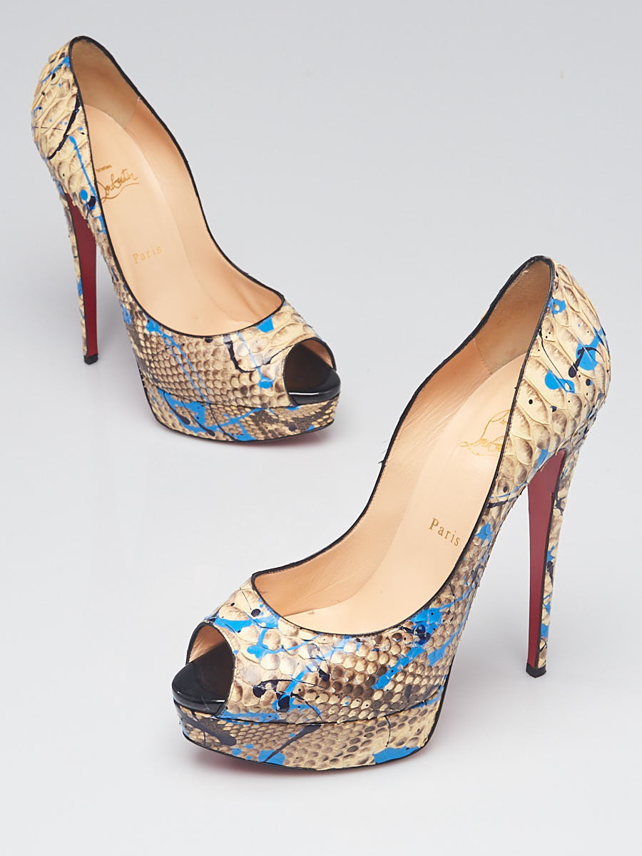 Christian Louboutin Beige Blue Python Lady Peep 150 Pumps Size 10.5 41