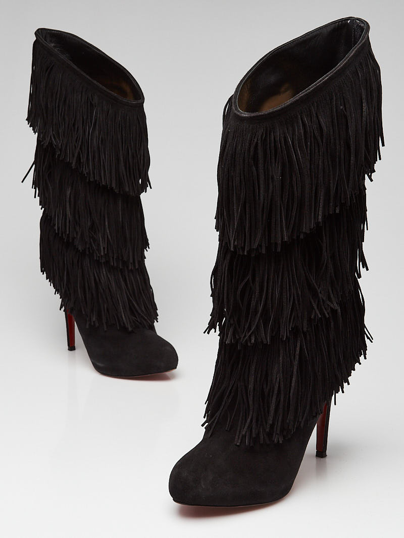 Christian Louboutin Black Suede Forever Tina Fringe Boots Size 8 38.5