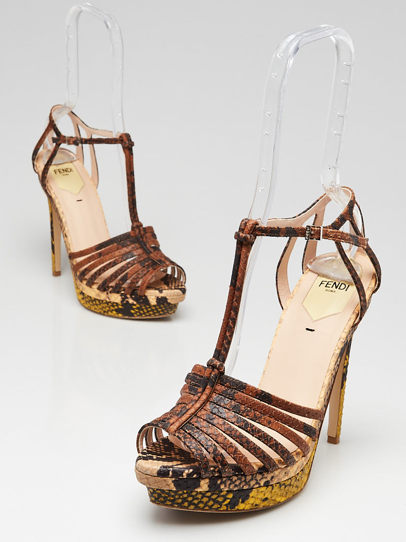 Fendi Brown Python Platform T-Strap Sandals Size 8 38.5