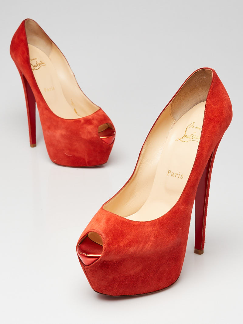 Christian Louboutin Red Suede Platform Peep Toe Highness 160 Pumps Size 8.5 39